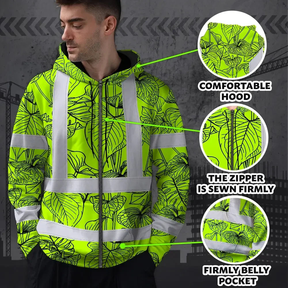 Hi Vis Zip Hoodie Reflective Tapes Orange Neon Flowers Custom Name Safety Workwear For Workers, Truckers, Operators