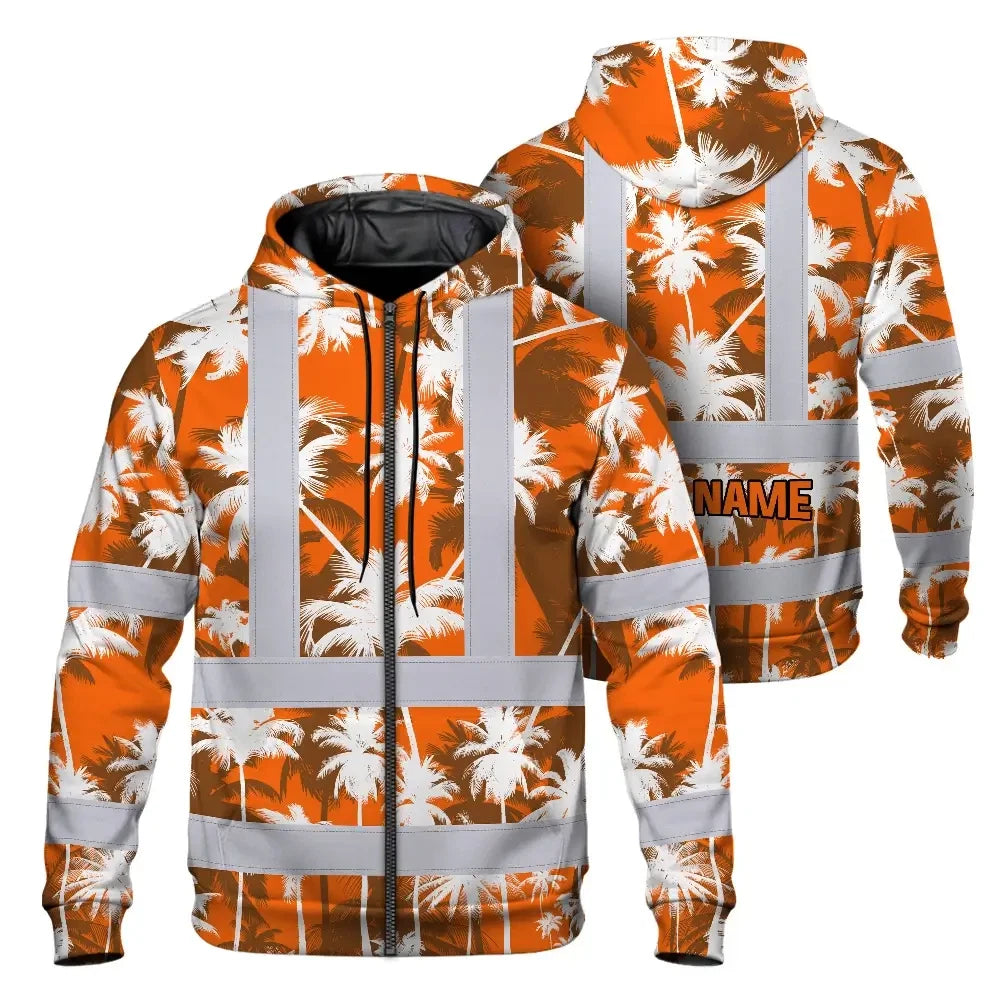 Hi Vis Zip Hoodie Reflective Tapes Orange Neon Flowers Custom Name Safety Workwear For Workers, Truckers, Operators