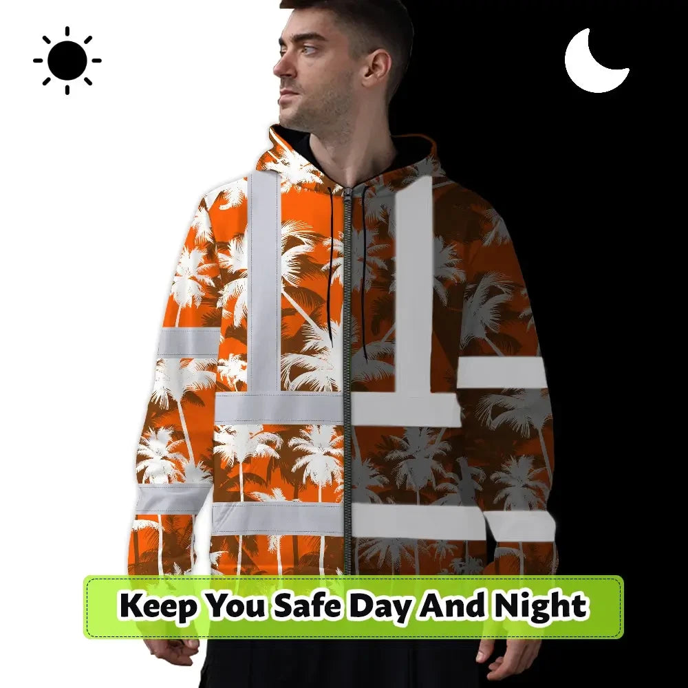 Hi Vis Zip Hoodie Reflective Tapes Orange Neon Flowers Custom Name Safety Workwear For Workers, Truckers, Operators