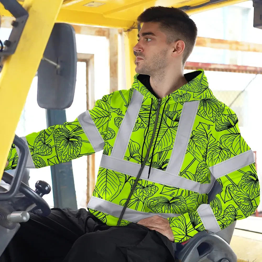 Hi Vis Zip Hoodie Reflective Tapes Orange Neon Flowers Custom Name Safety Workwear For Workers, Truckers, Operators