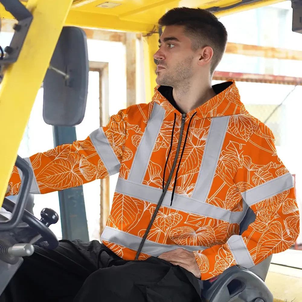 Hi Vis Zip Hoodie Reflective Tapes Orange Neon Flowers Custom Name Safety Workwear For Workers, Truckers, Operators