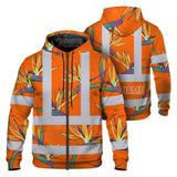 Hi Vis Zip Hoodie Reflective Tapes Orange Neon Flowers Custom Name Safety Workwear For Workers, Truckers, Operators