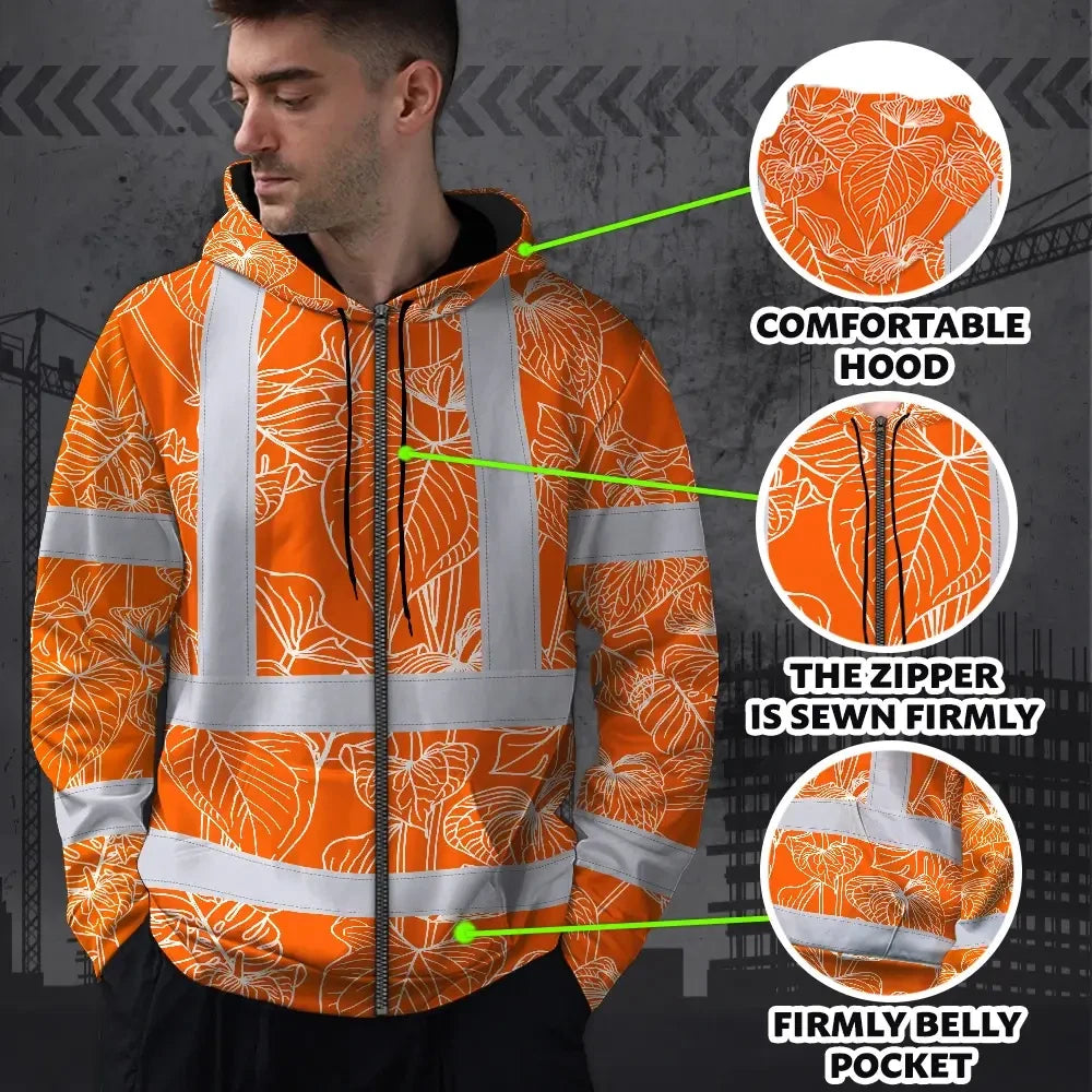 Hi Vis Zip Hoodie Reflective Tapes Orange Neon Flowers Custom Name Safety Workwear For Workers, Truckers, Operators