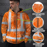 Hi Vis Zip Hoodie Reflective Tapes Orange Neon Flowers Custom Name Safety Workwear For Workers, Truckers, Operators