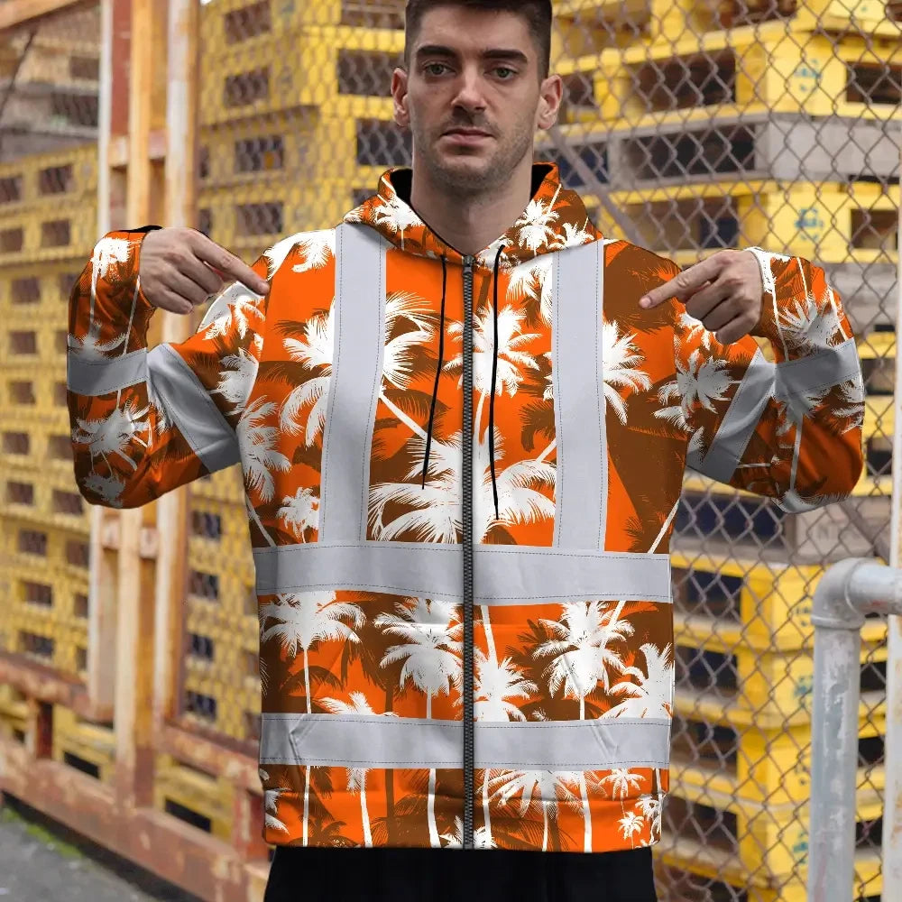 Hi Vis Zip Hoodie Reflective Tapes Orange Neon Flowers Custom Name Safety Workwear For Workers, Truckers, Operators