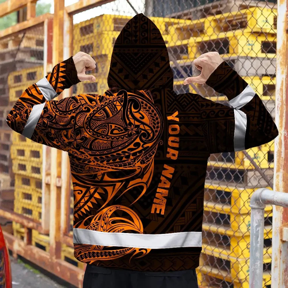 Hi Vis Zip Hoodie Reflective Tapes Orange Neon Hawaiian Polynesian Tribal Custom Name Safety Workwear For Workers, Truckers, Operators