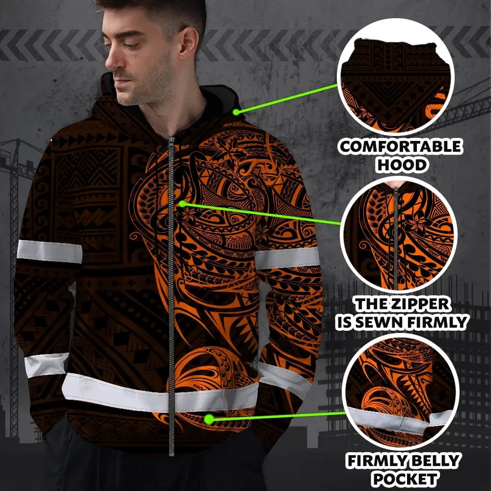 Hi Vis Zip Hoodie Reflective Tapes Orange Neon Hawaiian Polynesian Tribal Custom Name Safety Workwear For Workers, Truckers, Operators