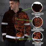 Hi Vis Zip Hoodie Reflective Tapes Orange Neon Hawaiian Polynesian Tribal Custom Name Safety Workwear For Workers, Truckers, Operators