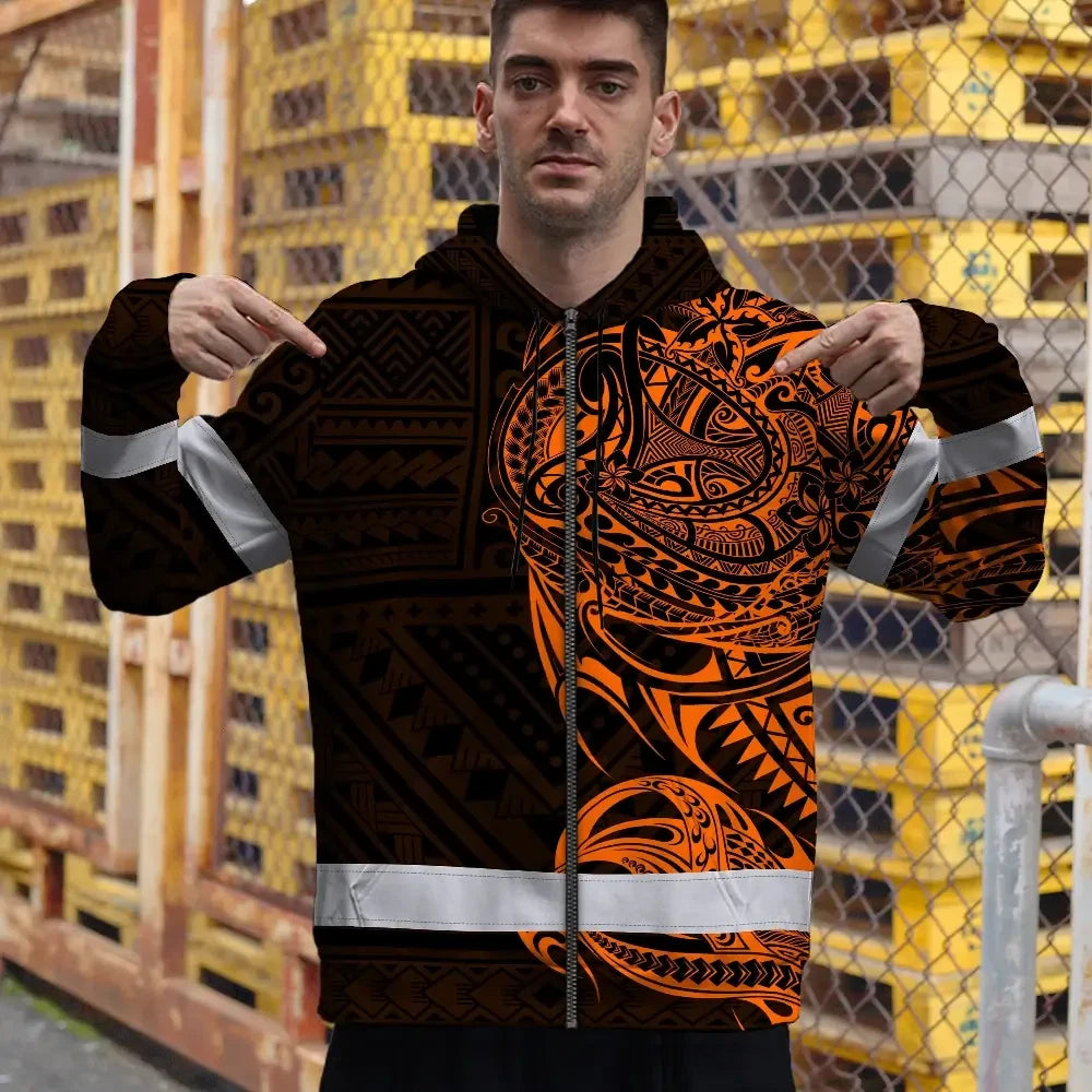 Hi Vis Zip Hoodie Reflective Tapes Orange Neon Hawaiian Polynesian Tribal Custom Name Safety Workwear For Workers, Truckers, Operators