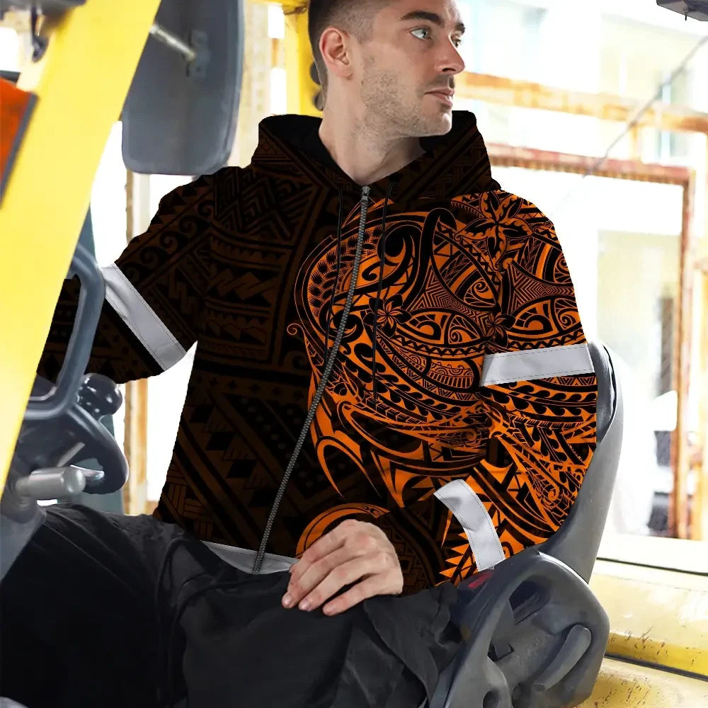 Hi Vis Zip Hoodie Reflective Tapes Orange Neon Hawaiian Polynesian Tribal Custom Name Safety Workwear For Workers, Truckers, Operators