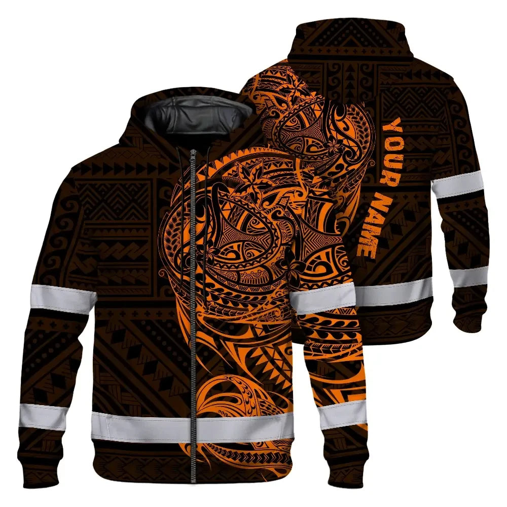 Hi Vis Zip Hoodie Reflective Tapes Orange Neon Hawaiian Polynesian Tribal Custom Name Safety Workwear For Workers, Truckers, Operators