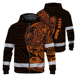 Hi Vis Zip Hoodie Reflective Tapes Orange Neon Hawaiian Polynesian Tribal Custom Name Safety Workwear For Workers, Truckers, Operators