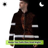 Hi Vis Zip Hoodie Reflective Tapes Orange Neon Hawaiian Polynesian Tribal Custom Name Safety Workwear For Workers, Truckers, Operators