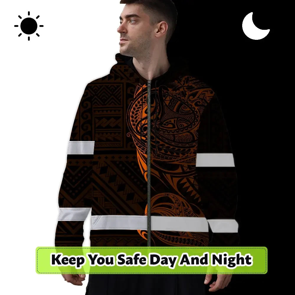 Hi Vis Zip Hoodie Reflective Tapes Orange Neon Hawaiian Polynesian Tribal Custom Name Safety Workwear For Workers, Truckers, Operators