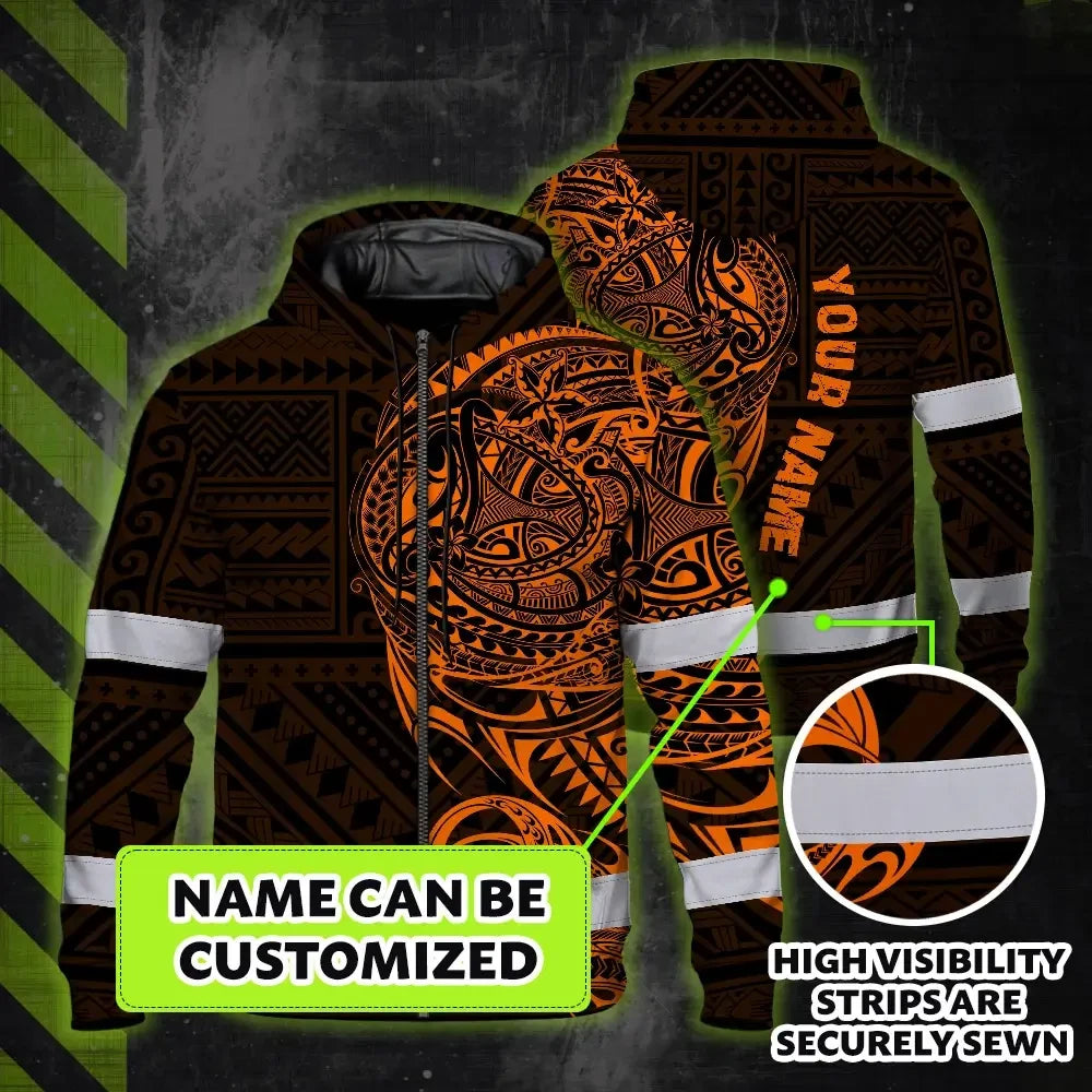 Hi Vis Zip Hoodie Reflective Tapes Orange Neon Hawaiian Polynesian Tribal Custom Name Safety Workwear For Workers, Truckers, Operators