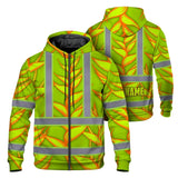 Hi Vis Zip Hoodie Reflective Tapes Orange Neon Lime Heliconia Custom Name Safety Workwear For Workers, Truckers, Operators