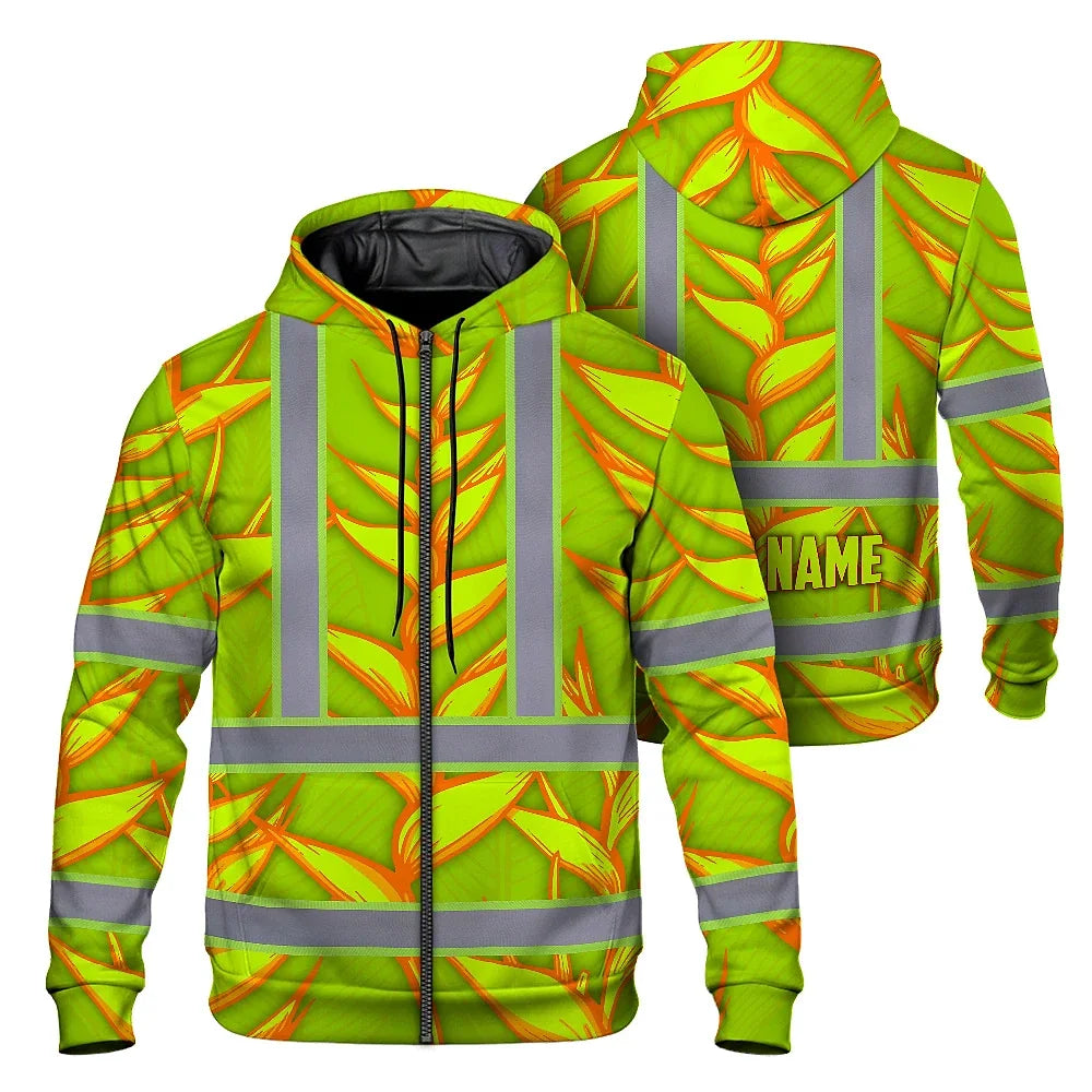 Hi Vis Zip Hoodie Reflective Tapes Orange Neon Lime Heliconia Custom Name Safety Workwear For Workers, Truckers, Operators