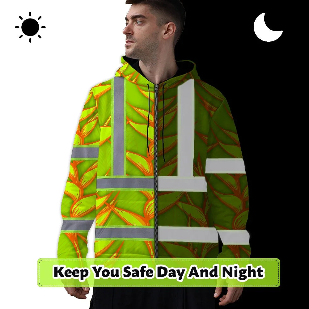 Hi Vis Zip Hoodie Reflective Tapes Orange Neon Lime Heliconia Custom Name Safety Workwear For Workers, Truckers, Operators