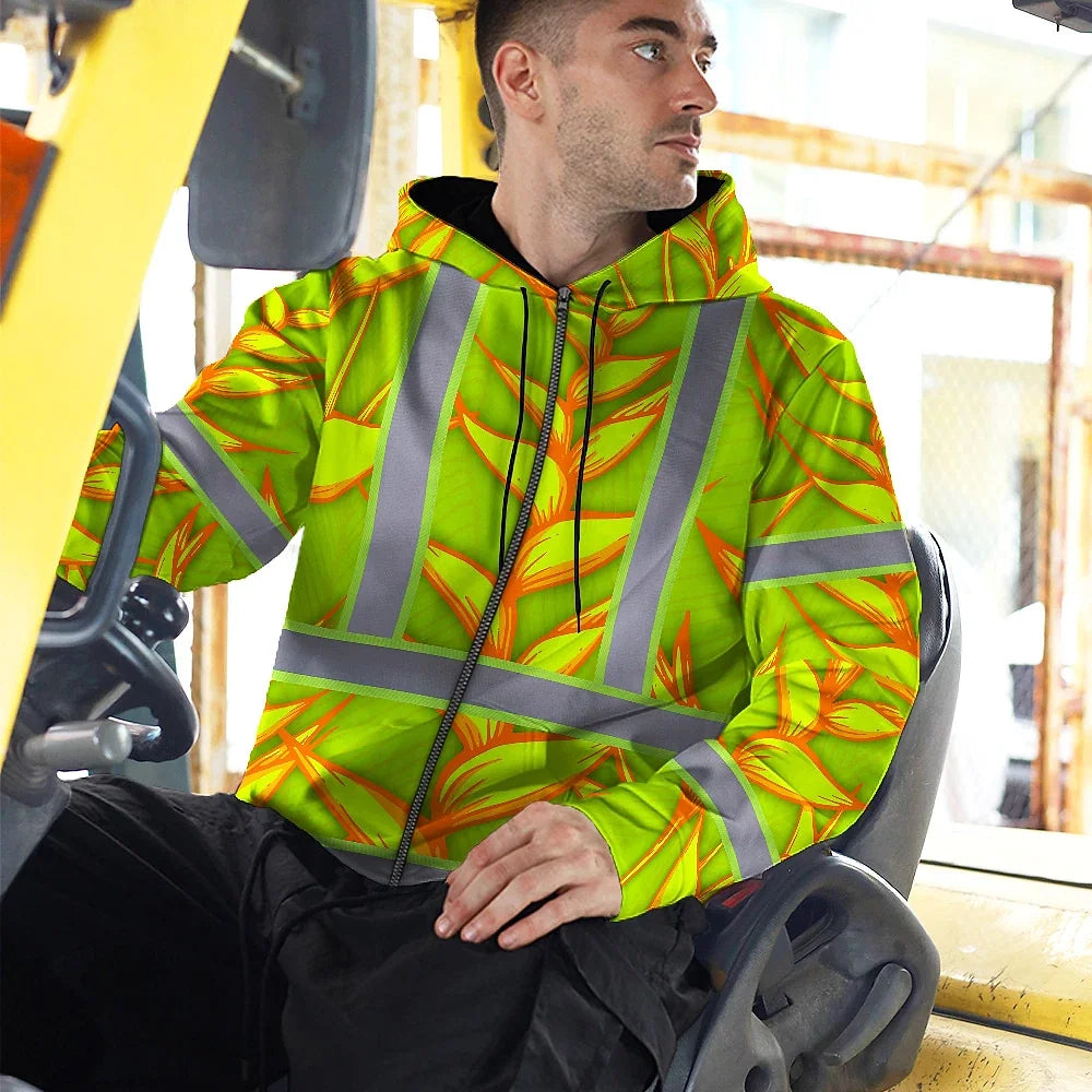 Hi Vis Zip Hoodie Reflective Tapes Orange Neon Lime Heliconia Custom Name Safety Workwear For Workers, Truckers, Operators