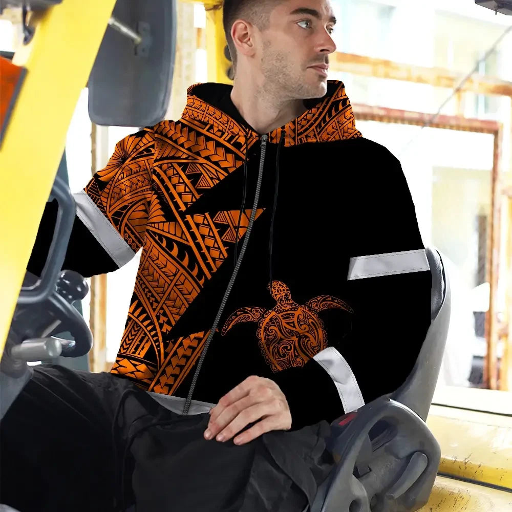 Hi Vis Zip Hoodie Reflective Tapes Orange Neon Turtle Hawaii Custom Name Safety Workwear For Workers, Truckers, Operators