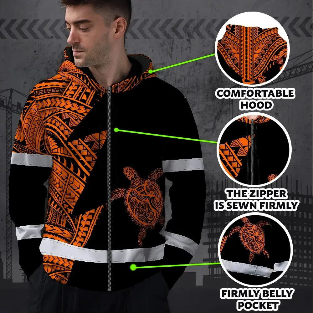 Hi Vis Zip Hoodie Reflective Tapes Orange Neon Turtle Hawaii Custom Name Safety Workwear For Workers, Truckers, Operators