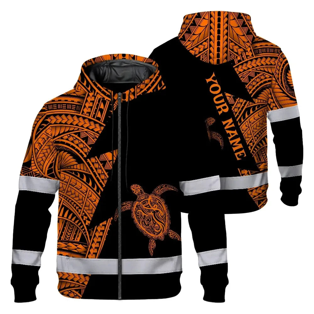 Hi Vis Zip Hoodie Reflective Tapes Orange Neon Turtle Hawaii Custom Name Safety Workwear For Workers, Truckers, Operators