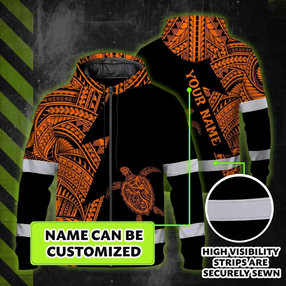 Hi Vis Zip Hoodie Reflective Tapes Orange Neon Turtle Hawaii Custom Name Safety Workwear For Workers, Truckers, Operators