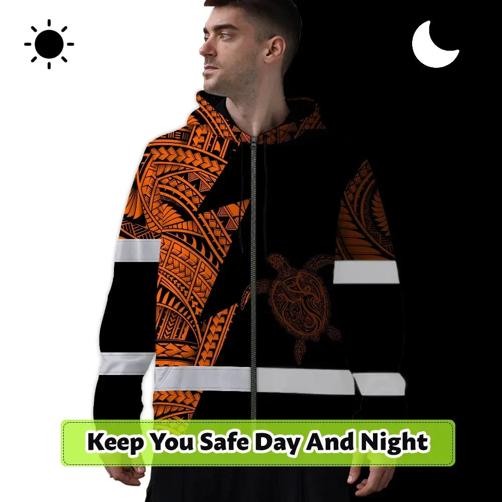 Hi Vis Zip Hoodie Reflective Tapes Orange Neon Turtle Hawaii Custom Name Safety Workwear For Workers, Truckers, Operators
