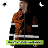 Hi Vis Zip Hoodie Reflective Tapes Orange Neon Turtle Hawaii Custom Name Safety Workwear For Workers, Truckers, Operators
