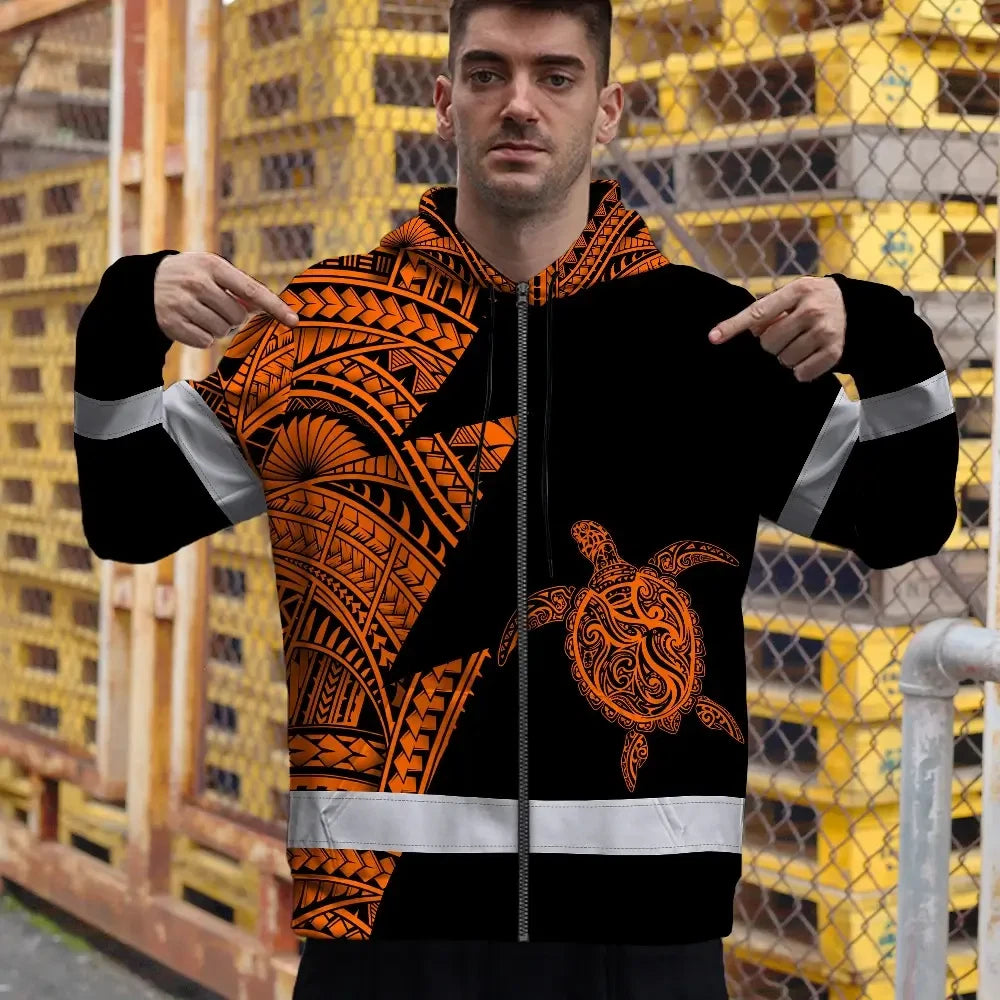 Hi Vis Zip Hoodie Reflective Tapes Orange Neon Turtle Hawaii Custom Name Safety Workwear For Workers, Truckers, Operators