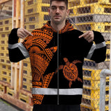 Hi Vis Zip Hoodie Reflective Tapes Orange Neon Turtle Hawaii Custom Name Safety Workwear For Workers, Truckers, Operators