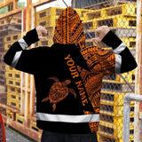 Hi Vis Zip Hoodie Reflective Tapes Orange Neon Turtle Hawaii Custom Name Safety Workwear For Workers, Truckers, Operators