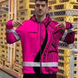 Hi Vis Zip Hoodie Reflective Tapes Pink And Black Neon Hawaii Custom Name Safety Workwear For Workers, Truckers, Operators