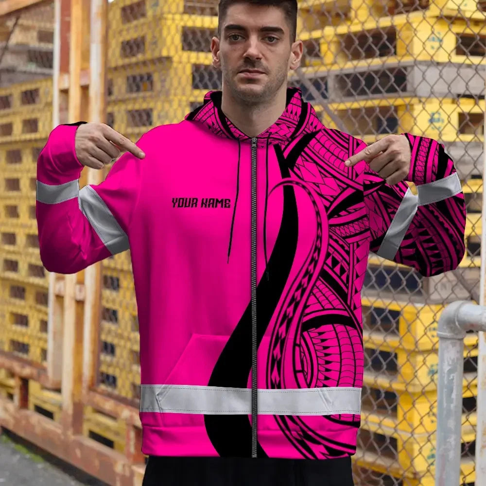 Hi Vis Zip Hoodie Reflective Tapes Pink And Black Neon Hawaii Custom Name Safety Workwear For Workers, Truckers, Operators
