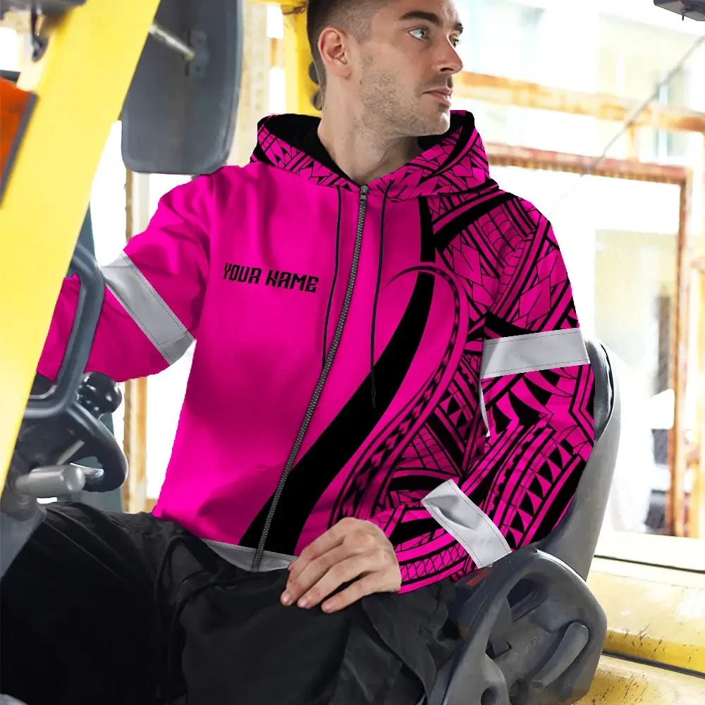 Hi Vis Zip Hoodie Reflective Tapes Pink And Black Neon Hawaii Custom Name Safety Workwear For Workers, Truckers, Operators