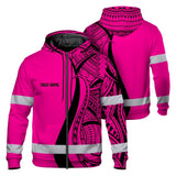 Hi Vis Zip Hoodie Reflective Tapes Pink And Black Neon Hawaii Custom Name Safety Workwear For Workers, Truckers, Operators