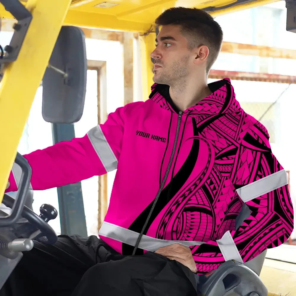 Hi Vis Zip Hoodie Reflective Tapes Pink And Black Neon Hawaii Custom Name Safety Workwear For Workers, Truckers, Operators