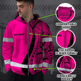 Hi Vis Zip Hoodie Reflective Tapes Pink And Black Neon Hawaii Custom Name Safety Workwear For Workers, Truckers, Operators