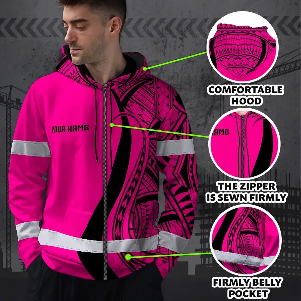 Hi Vis Zip Hoodie Reflective Tapes Pink And Black Neon Hawaii Custom Name Safety Workwear For Workers, Truckers, Operators