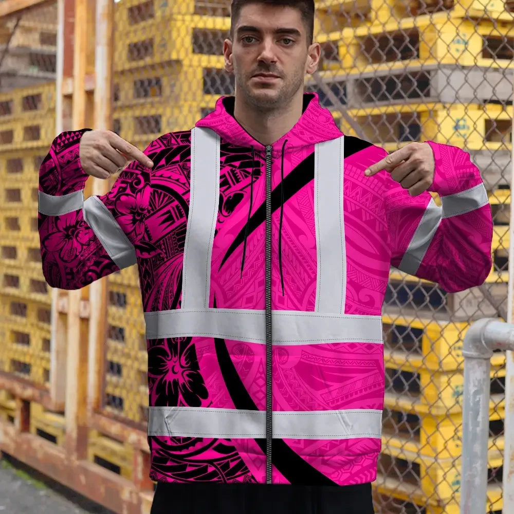 Hi Vis Zip Hoodie Reflective Tapes Pink Hawaiian Polynesian Tribal Custom Name Safety Workwear For Workers, Truckers, Operators