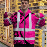 Hi Vis Zip Hoodie Reflective Tapes Pink Hawaiian Polynesian Tribal Custom Name Safety Workwear For Workers, Truckers, Operators