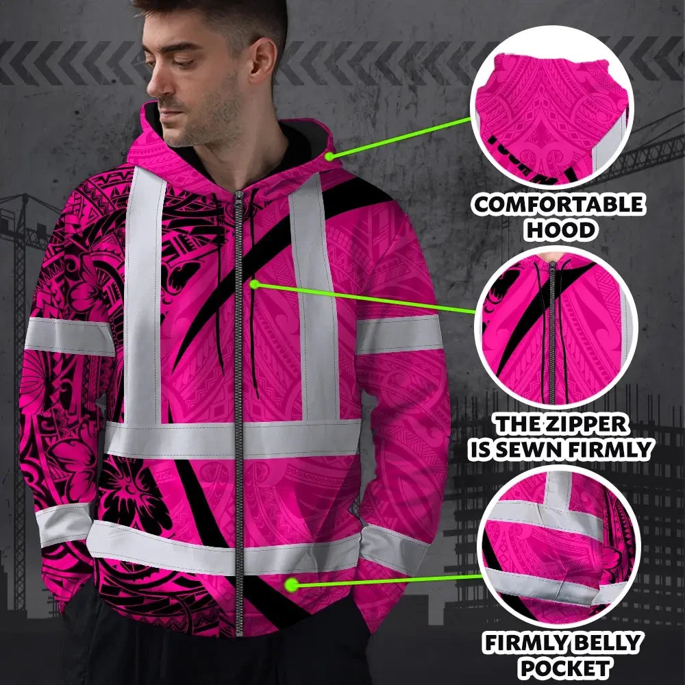 Hi Vis Zip Hoodie Reflective Tapes Pink Hawaiian Polynesian Tribal Custom Name Safety Workwear For Workers, Truckers, Operators