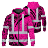 Hi Vis Zip Hoodie Reflective Tapes Pink Hawaiian Polynesian Tribal Custom Name Safety Workwear For Workers, Truckers, Operators