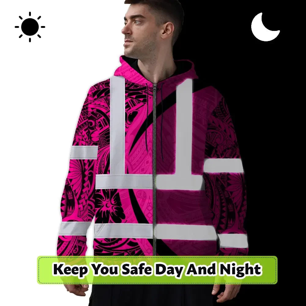Hi Vis Zip Hoodie Reflective Tapes Pink Hawaiian Polynesian Tribal Custom Name Safety Workwear For Workers, Truckers, Operators
