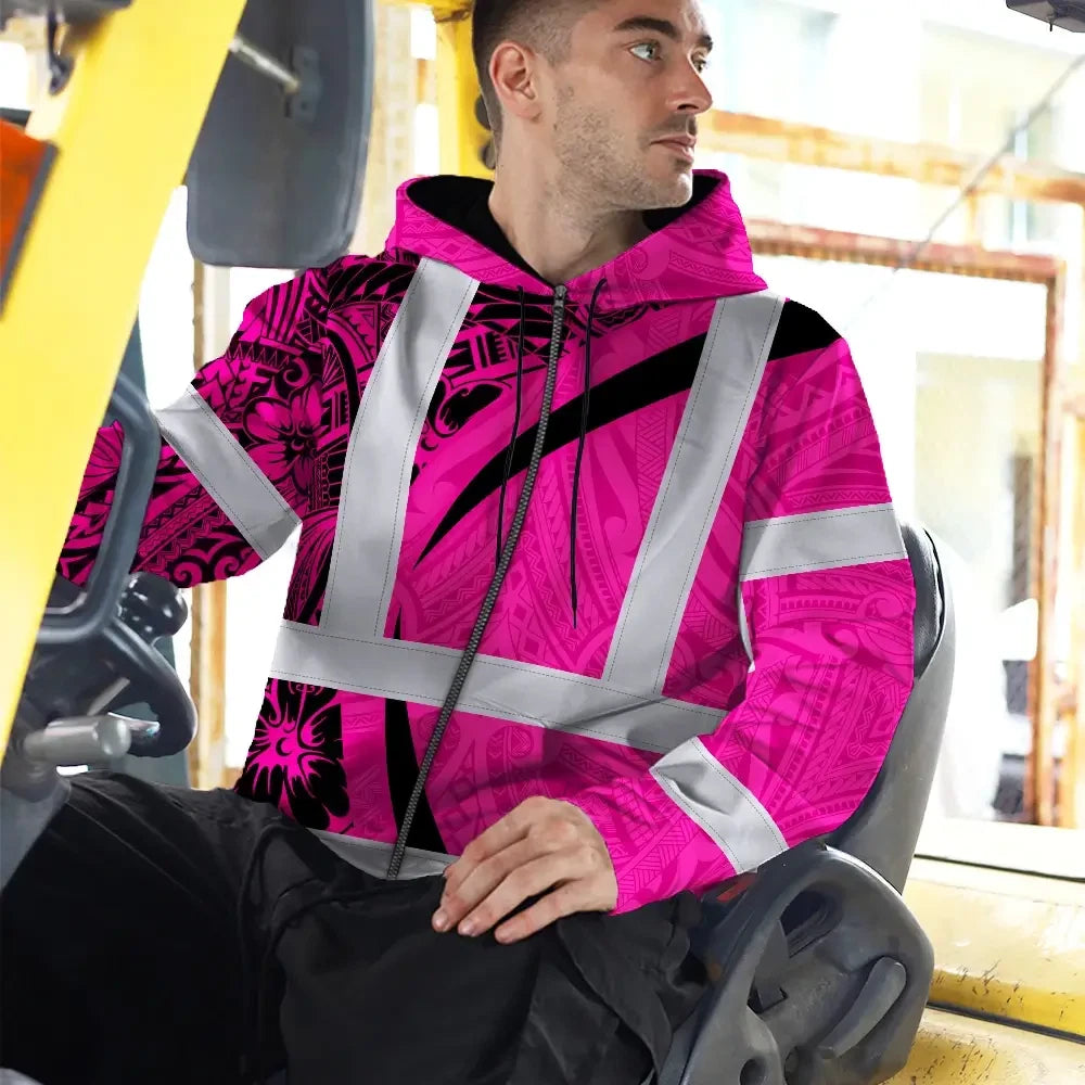 Hi Vis Zip Hoodie Reflective Tapes Pink Hawaiian Polynesian Tribal Custom Name Safety Workwear For Workers, Truckers, Operators