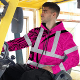 Hi Vis Zip Hoodie Reflective Tapes Pink Hawaiian Polynesian Tribal Custom Name Safety Workwear For Workers, Truckers, Operators