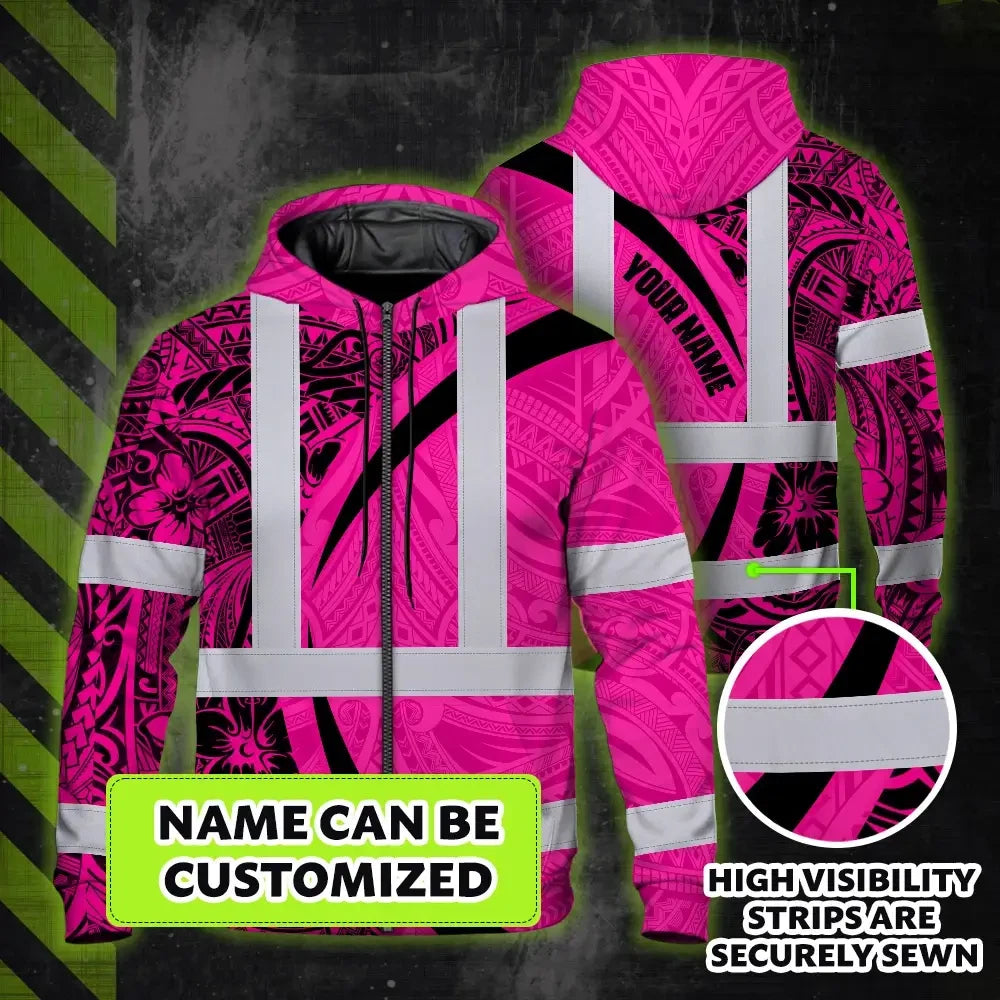 Hi Vis Zip Hoodie Reflective Tapes Pink Hawaiian Polynesian Tribal Custom Name Safety Workwear For Workers, Truckers, Operators