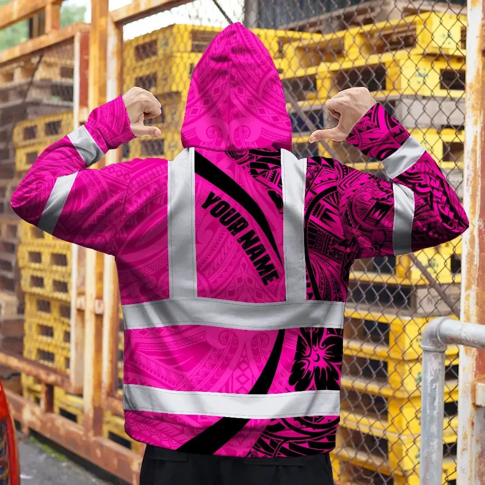 Hi Vis Zip Hoodie Reflective Tapes Pink Hawaiian Polynesian Tribal Custom Name Safety Workwear For Workers, Truckers, Operators