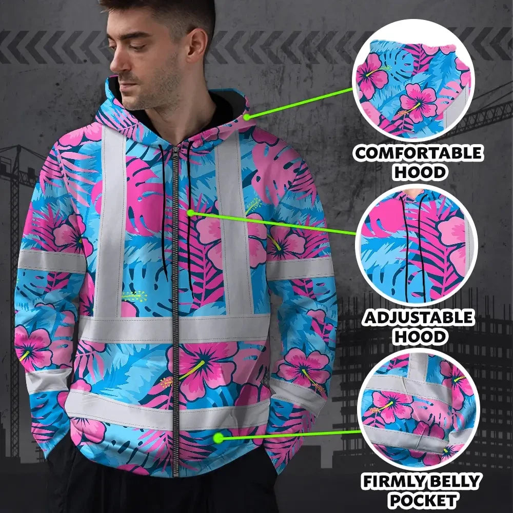 Hi Vis Zip Hoodie Reflective Tapes Pink Neon And Blue Flowers Custom Name Safety Workwear For Workers, Truckers, Operators