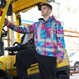Hi Vis Zip Hoodie Reflective Tapes Pink Neon And Blue Flowers Custom Name Safety Workwear For Workers, Truckers, Operators